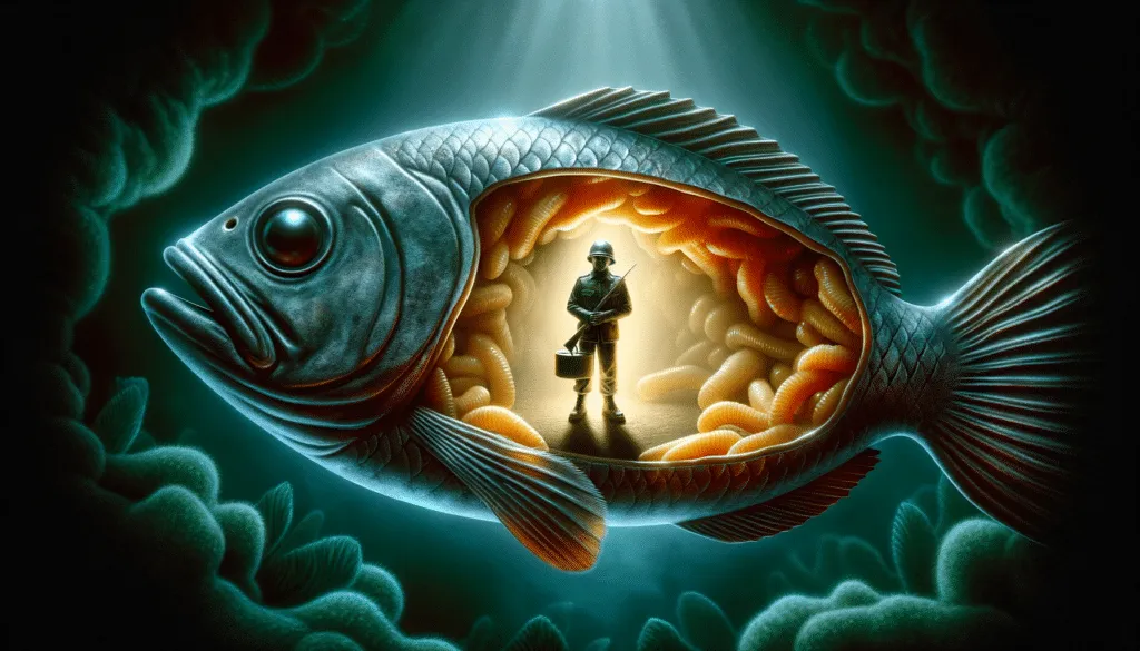 DALL·E 2023 12 30 21.26.27 An Inside View Of A Fish With The Tin Soldier In Its Stomach Illuminated By A Strange Otherworldly Light Symbolizing Hope Amidst The Darkness With