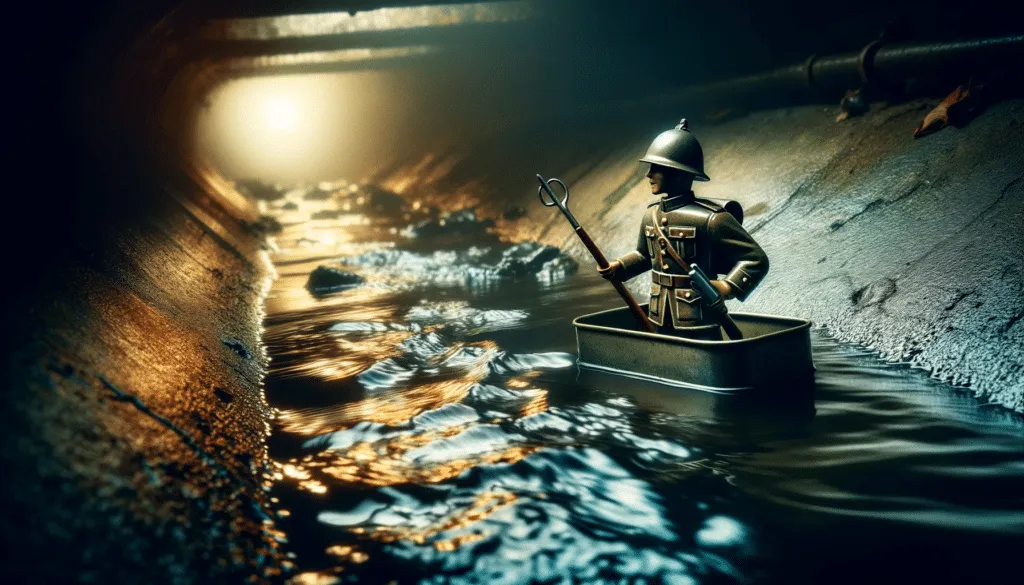 DALL·E 2023 12 30 21.26.31 The Tin Soldier Bravely Navigating Dark Murky Sewer Waters With Mysterious Shadows And Eerie Light Reflecting Around Portraying A Sense Of Danger A 1