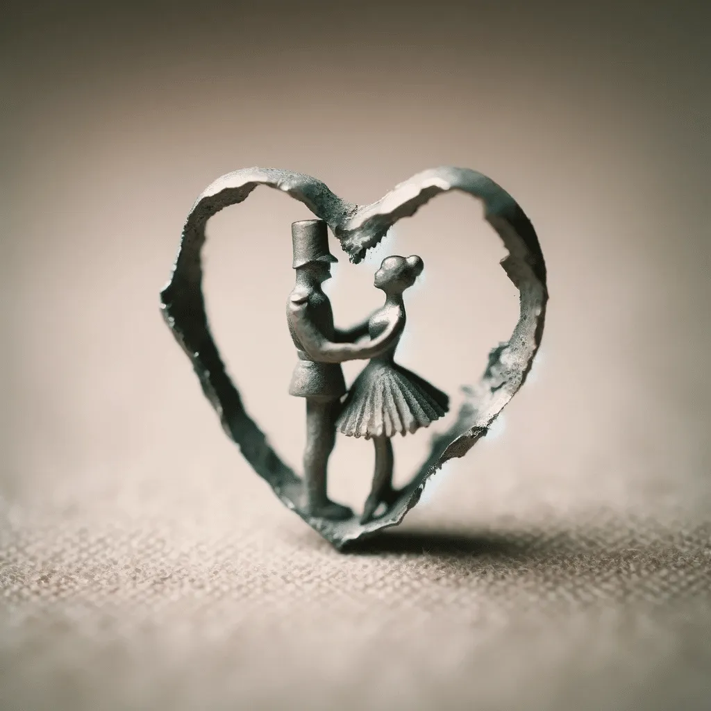 DALL·E 2023 12 30 21.28.51 A Small Heart Shaped Piece Of Lead Formed From The Remains Of The Tin Soldier And The Ballerina Symbolizing Their Eternal Love Set Against A Soft