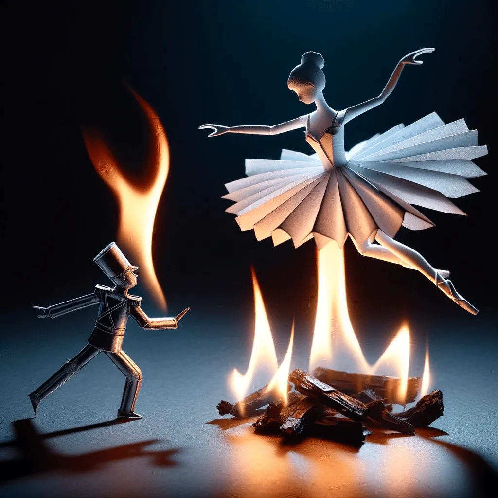 DALL·E 2023 12 30 21.29.27 The Paper Ballerina In A Graceful And Sorrowful Pose Leaping Into The Fire After The Tin Soldier With The Flames Reflecting Off Her Delicate Paper F
