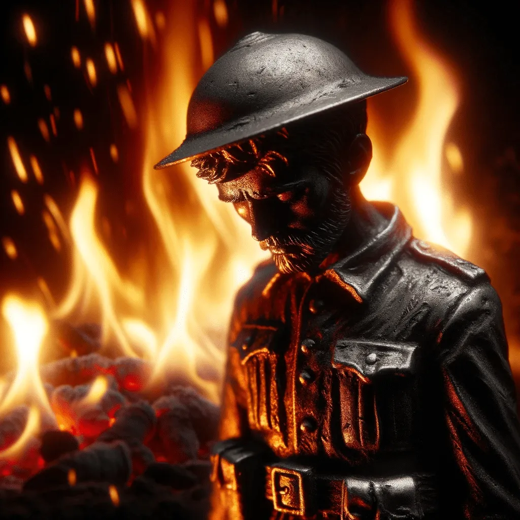 DALL·E 2023 12 30 21.29.33 A Poignant And Tragic Image Of The Tin Soldier Facing The Flames Of The Fire Surrounded By Dancing Embers And Intense Heat With A Resolute And Brave