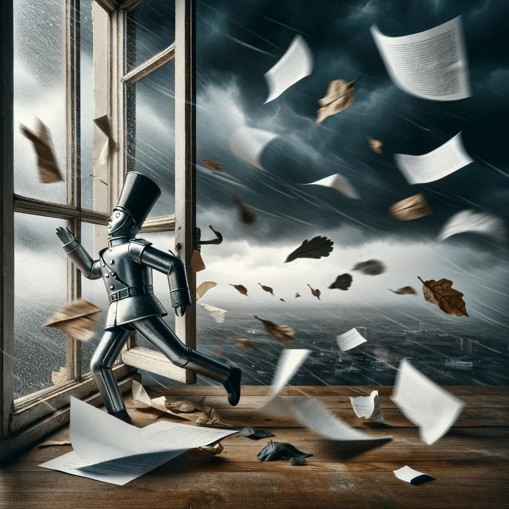 DALL·E 2023 12 30 21.30.32 A Dramatic Scene Of The Tin Soldier Being Blown Out Of The Window By A Gust Of Wind Papers And Leaves Swirling Around Him Against A Stormy Sky Captu