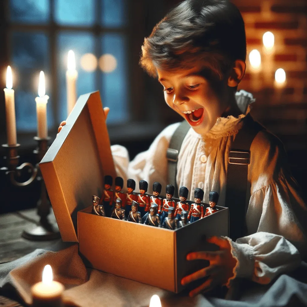 DALL·E 2023 12 30 21.31.04 A Young Boy In Vintage Clothing Excitedly Opening A Gift Box With 25 Tin Soldiers In Uniform Bathed In The Soft Glow Of A Candlelit Room Expressing