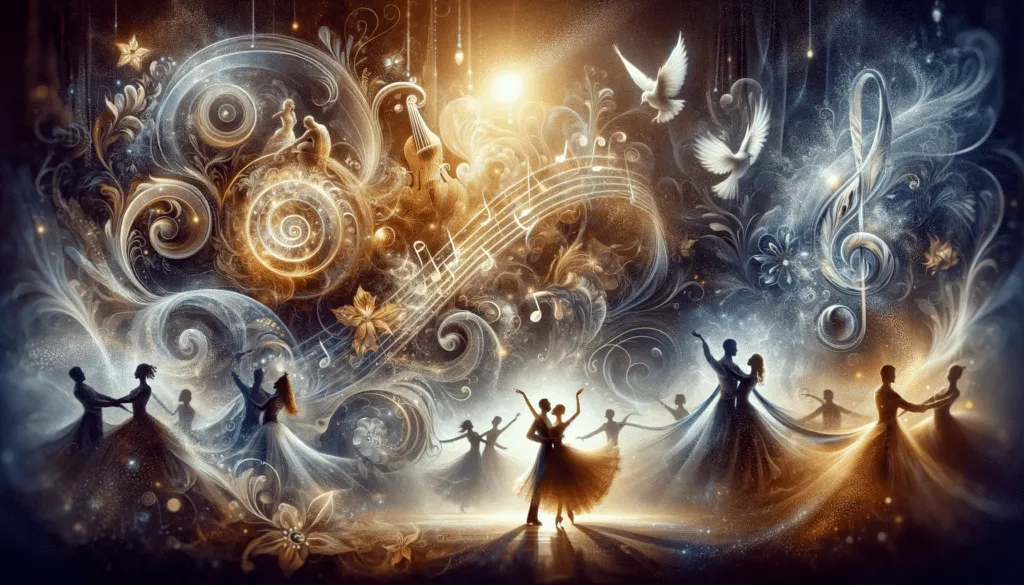 Dances And Secrets Capturing The Essence Of A Mysterious And Enchanting Musical Piece With Elements Of Elegant Dancer