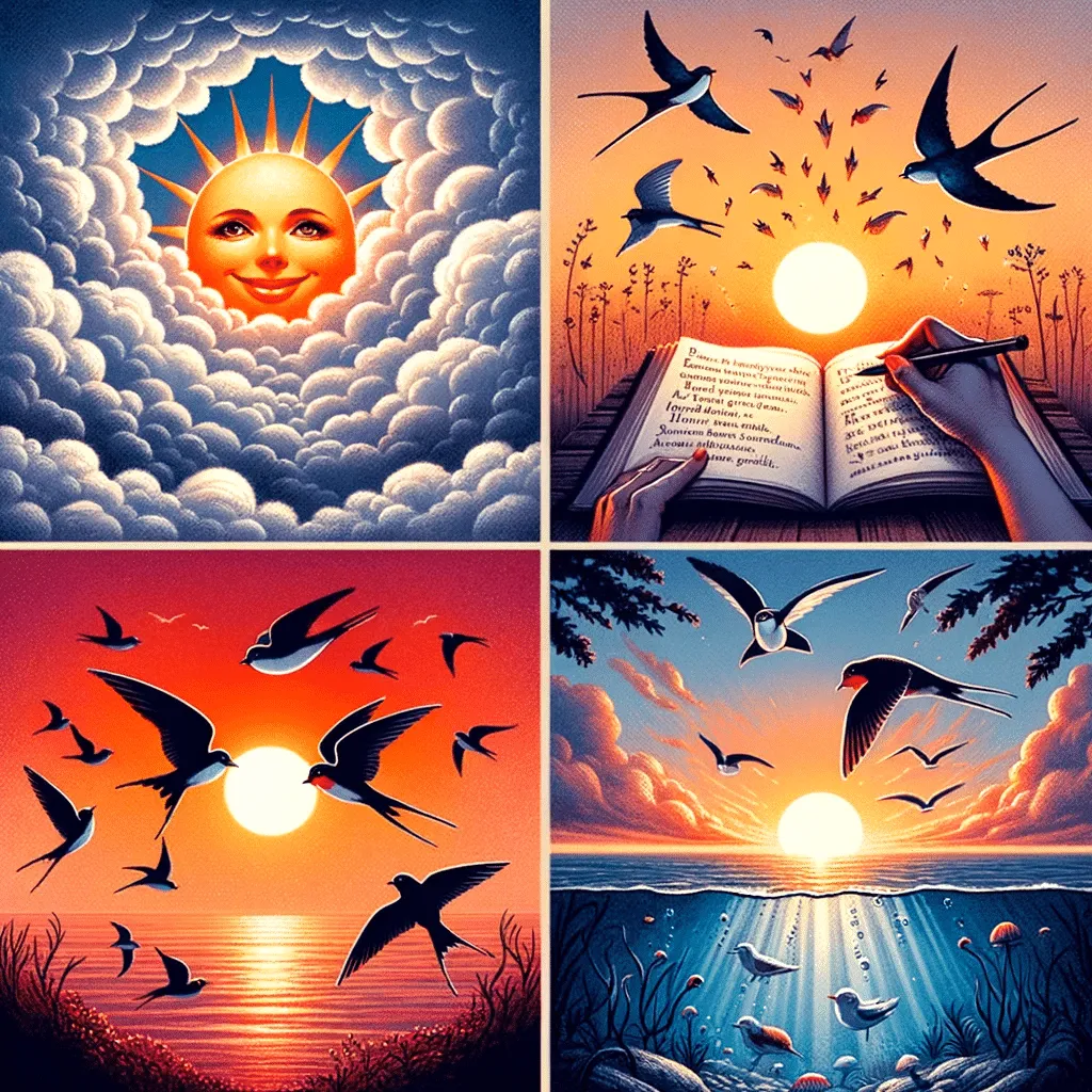 Four Separate Illustrations Representing Key Parts Of The Poema Al Sol From Casapueblo 1. Clouds Playfully Hiding The Sun Symbolizing The Suns Hi