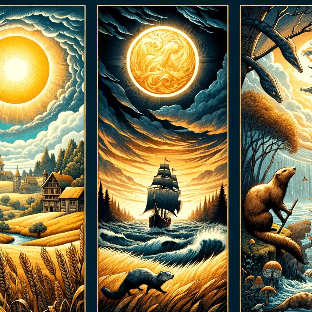 Three Separate Illustrations Depicting Key Moments From The Ceremonia Del Sol Poem By Carlos Paez Vilaro 1. The Sun Depicted As A Glowing Sphere W
