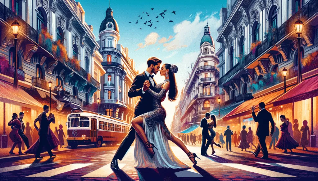 A Post About Tango Featuring A Couple In A Passionate Tango Pose In The Center With The Bustling Streets Of Buenos Aires