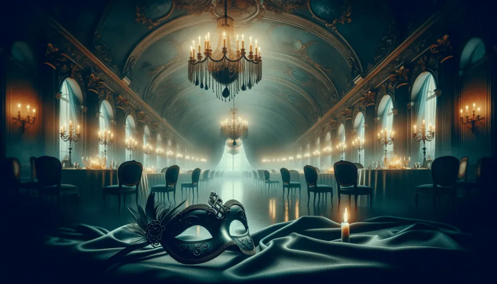 Image For A Suspense And Mystery Soundtrack Featuring A Mysterious Ballroom Elegant Masks And An Ethereal Mystical Atmosphere Without Any