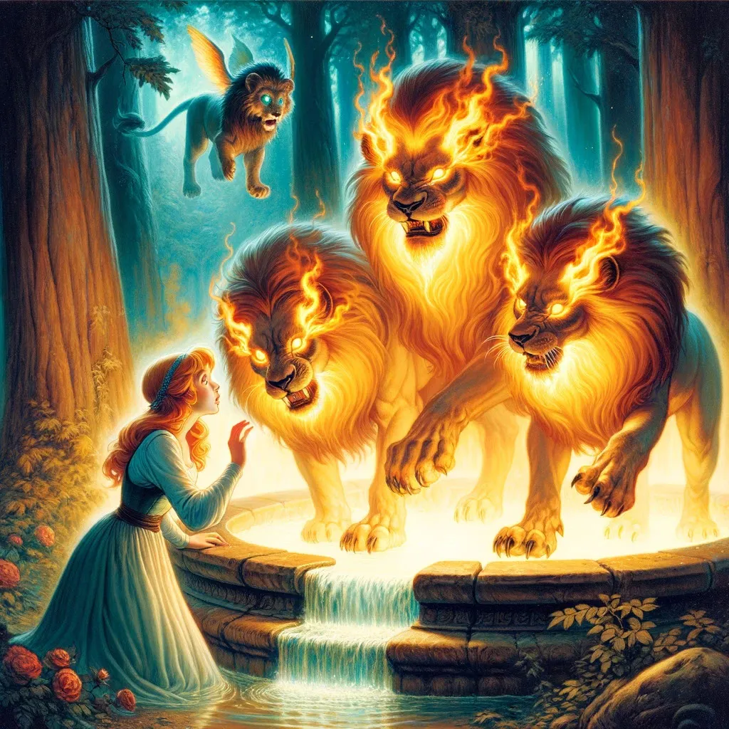 Passadopresentefuturo.com 20.12.18 A Captivating Scene In An Early 20th Century Fairy Tale Style Showing The Moment Princess Liria Touches The Magical Fountains Water And A Family Of