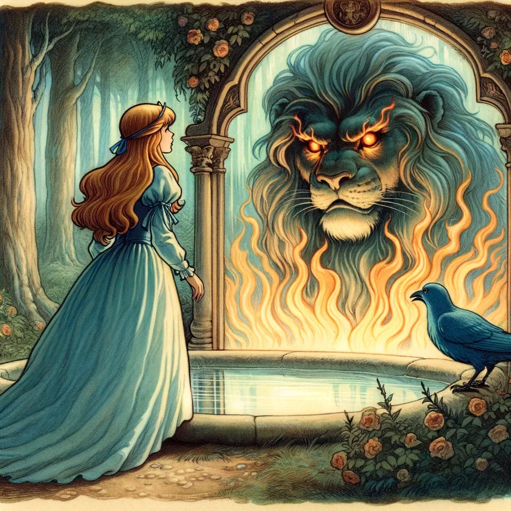 Passadopresentefuturo.com 20.12.21 A Dramatic Scene In An Early 20th Century Fairy Tale Style Showing Princess Liria At The Magical Fountain In The Vale Esquecido Seeing The Reflectio