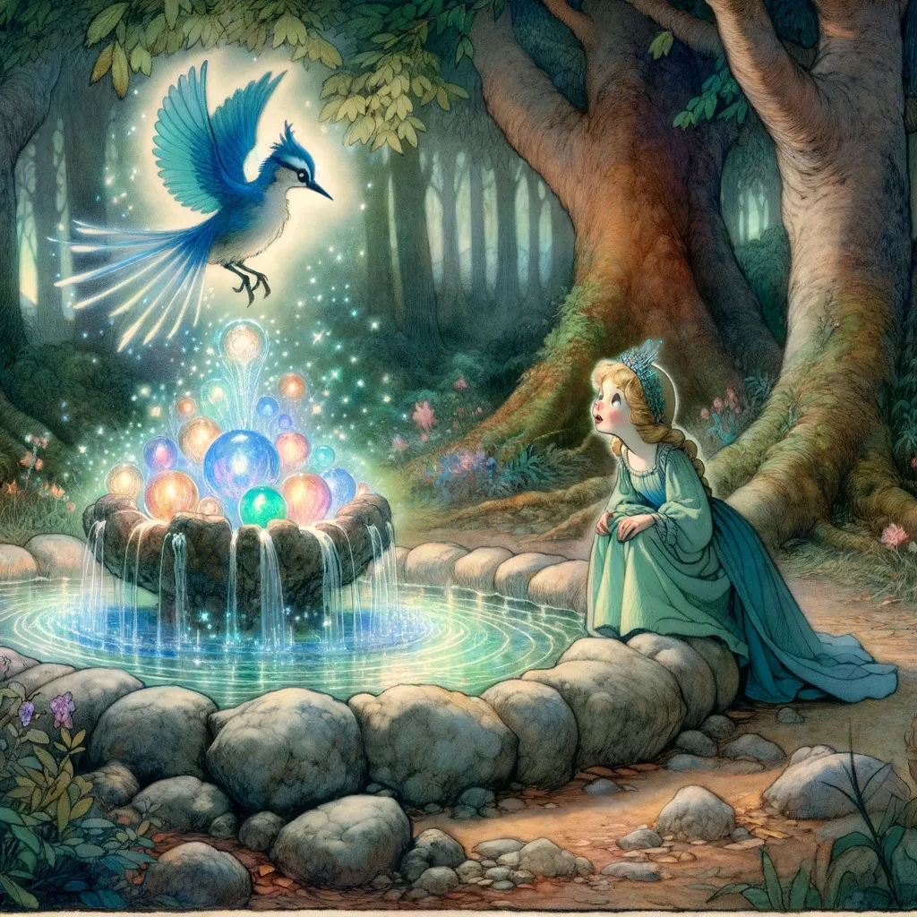 Passadopresentefuturo.com 20.12.26 An Enchanting Scene In An Early 20th Century Fairy Tale Style Showing Princess Liria And Her Bird Friend Azulao Discovering A Magical Glowing Founta