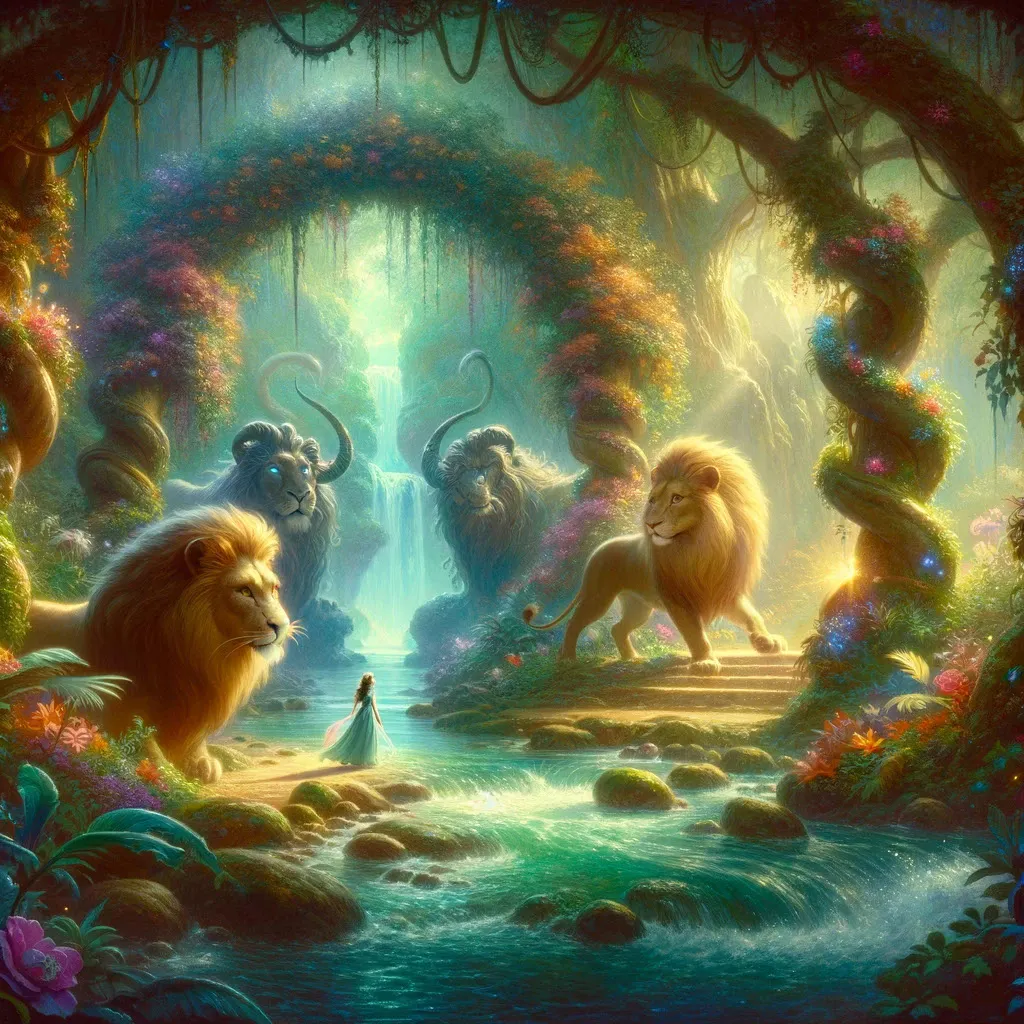 Passadopresentefuturo.com 20.15.11 An Enchanting Scene In An Early 20th Century Fairy Tale Style Depicting The Mysterious Vale Esquecido As Revealed By The Guardian Lions. The Vale Is