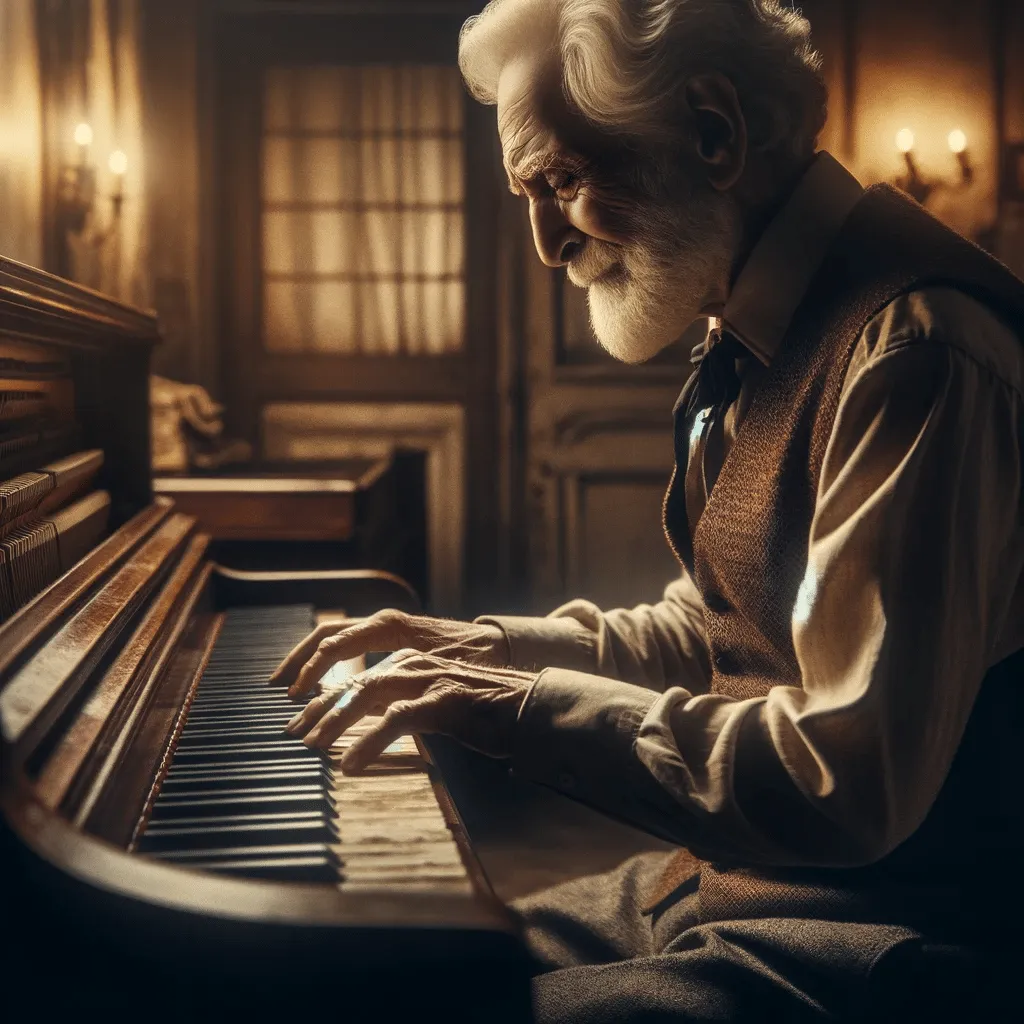 um senhor italiano tocando piano, criada para capturar a emoção e a paixão que alguém poderia sentir ao tocar uma peça como