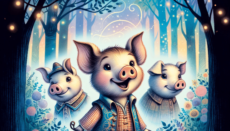 os Três Porquinhos retratados como personagens encantadores. Cada um deles é representado de maneira única, destacando suas personalidades individuais, e o cenário é um bosque mágico e caprichoso que complementa o charme da cena.
