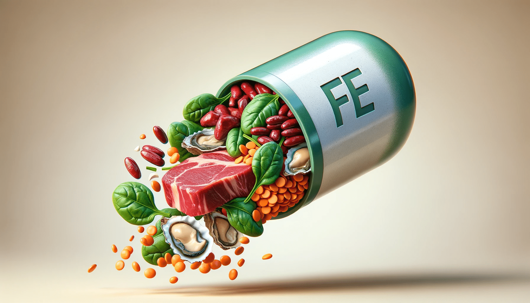 DALL·E 2023 12 12 16.59.44 Create A 3D Wide Image Of An Iron Fe Supplement Capsule Suspended In The Air Opened In Half With Iron Rich Foods Dynamically Spilling Out. The Food
