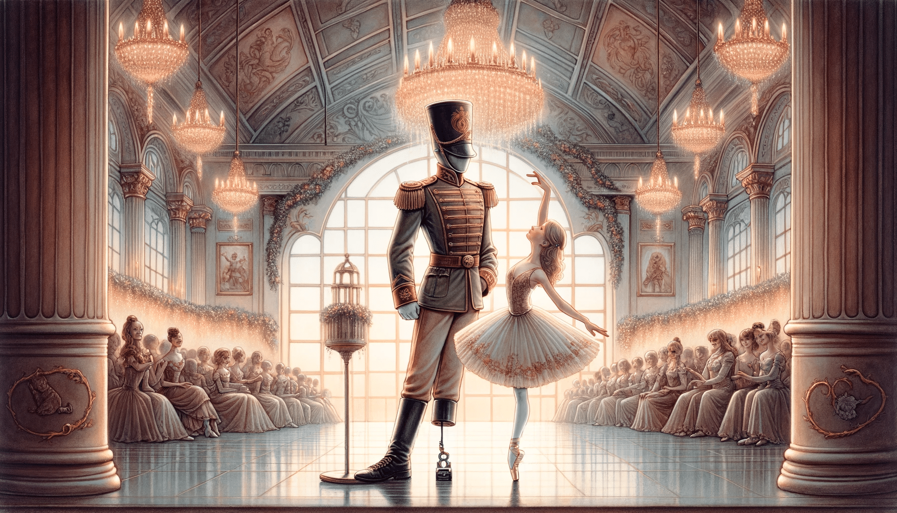 DALL·E 2023 12 30 21.34.07 A Stunning Horizontal Fairy Tale Illustration Depicting The Story Of The One Legged Tin Soldier And The Ballerina In A Professional And Beautiful Styl