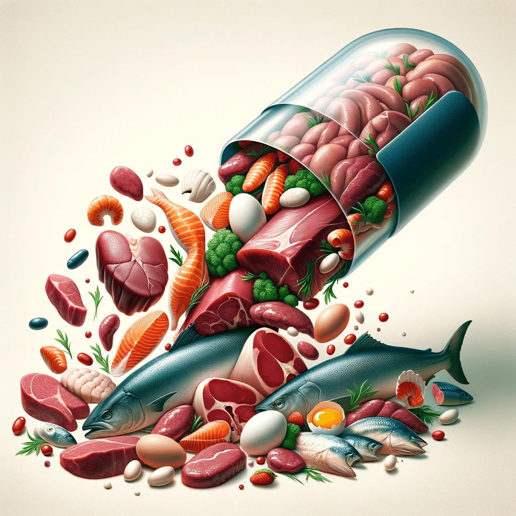 DALL·E 2023-12-06 16.20.00 - Create an image of a large capsule opening up with a cascade of various iron-rich animal foods spilling out. The foods include liver, chicken heart, l DALL·E 2023 12 06 16.20.00 Create An Image Of A Large Capsule Opening Up With A Cascade Of Various Iron Rich Animal Foods Spilling Out. The Foods Include Liver Chicken Heart L