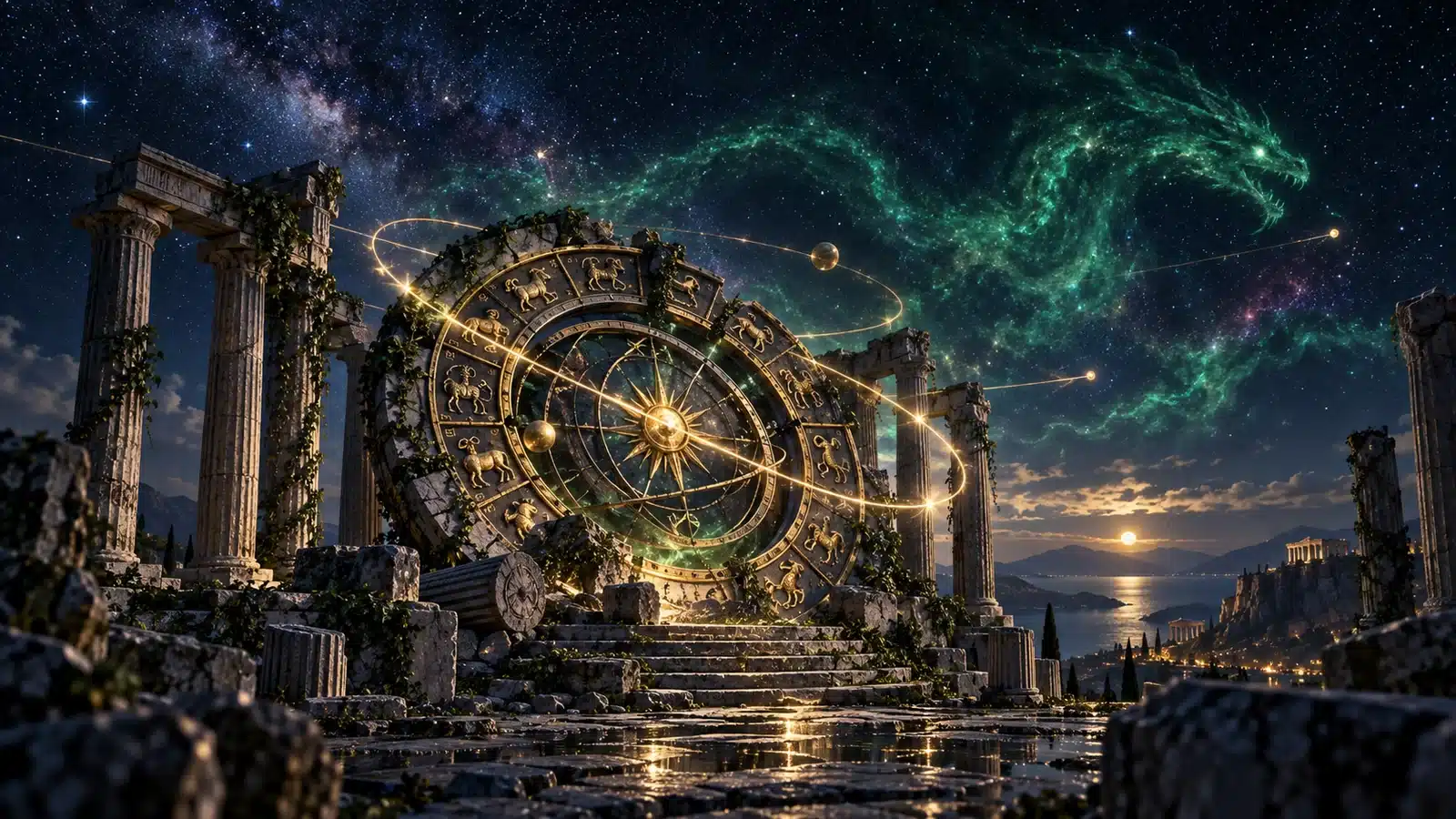 Relógio zodiacal em ruínas sob um céu cósmico verde e dourado